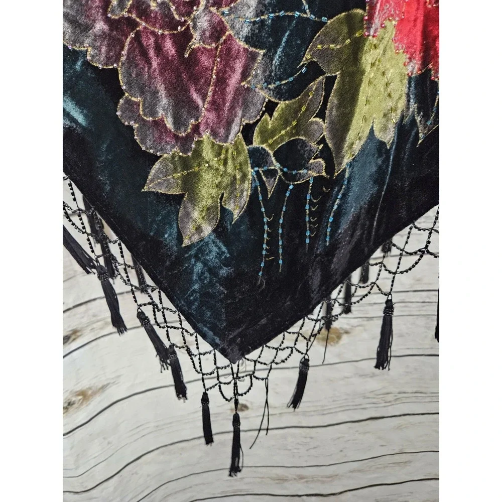 Coldwater Creek Velvet Beaded Fringe Poncho OS Peacock Feather Print Tassels